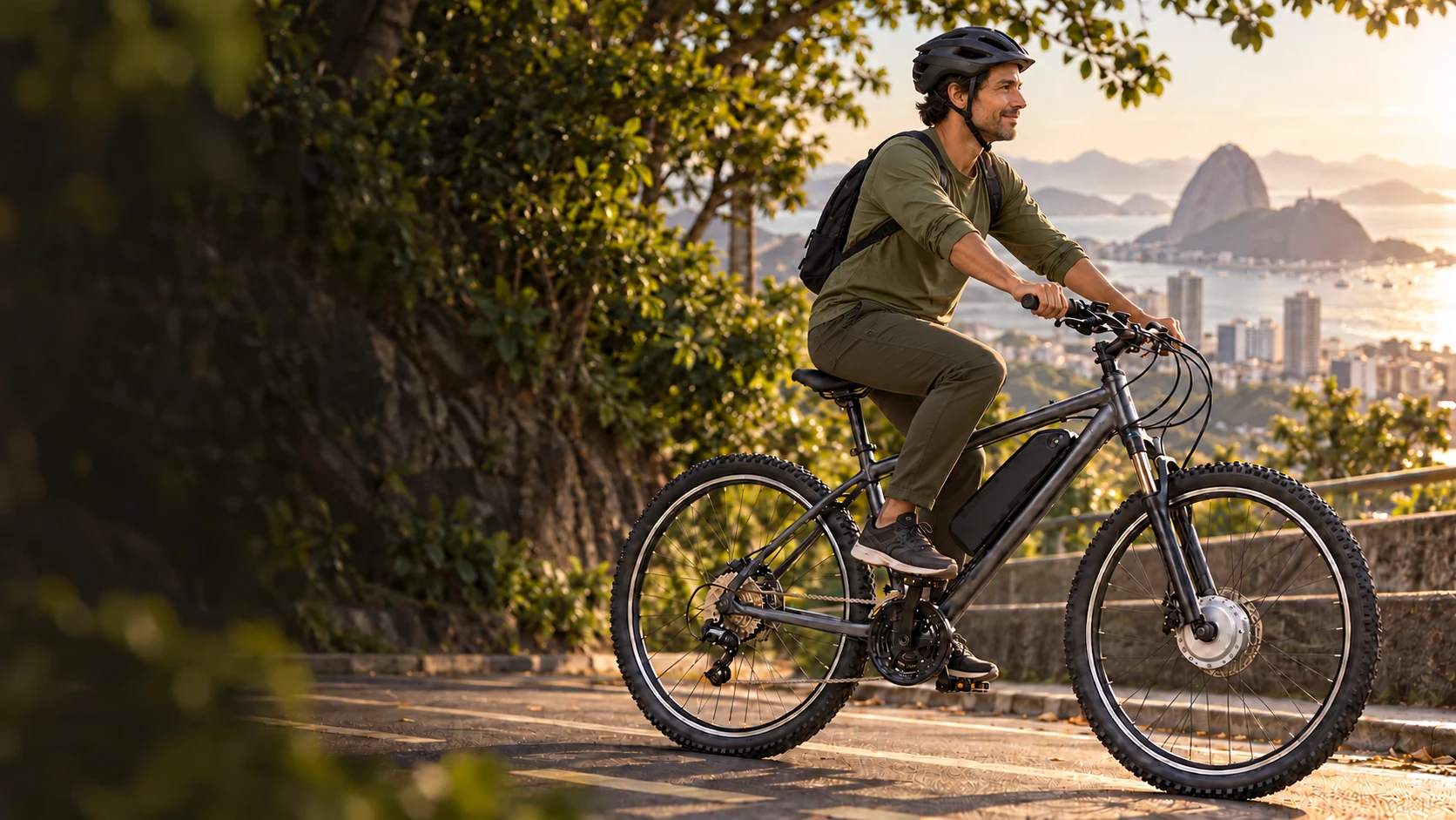 Cena ilustrativa de um homem com capacete pedalando uma bicicleta com assistência elétrica, motor no cubo dianteiro e bateria no quadro, em uma cidade litorânea ao entardecer.